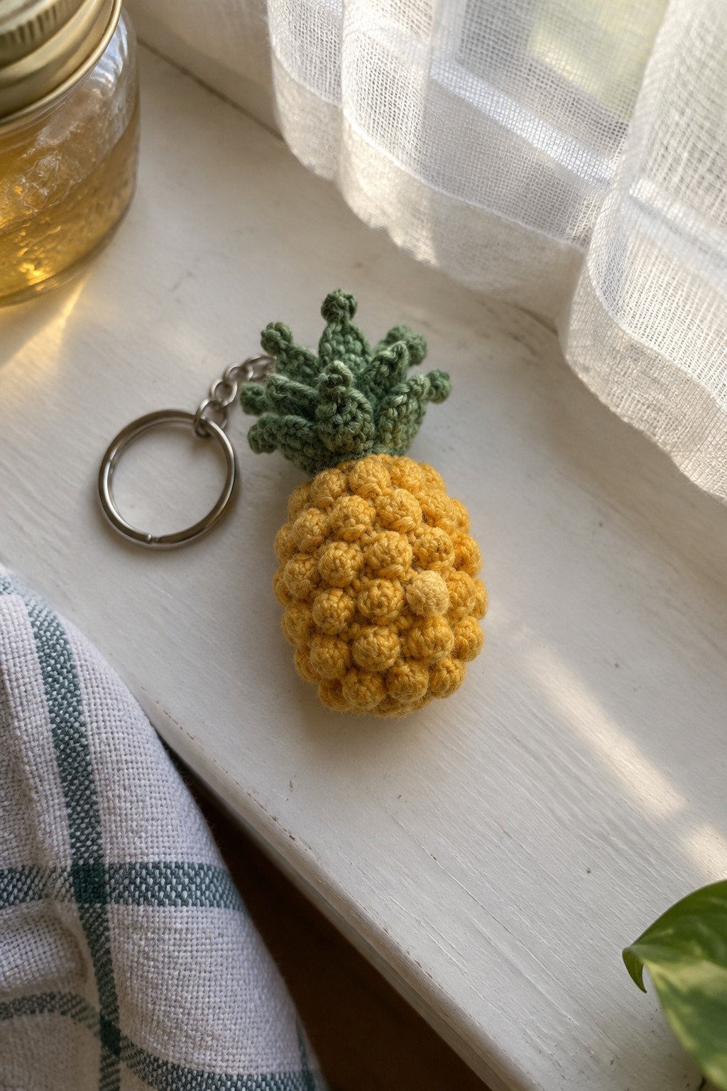Yellow crocheted pineapple keychain on sunlit white windowsill beside sheer curtain