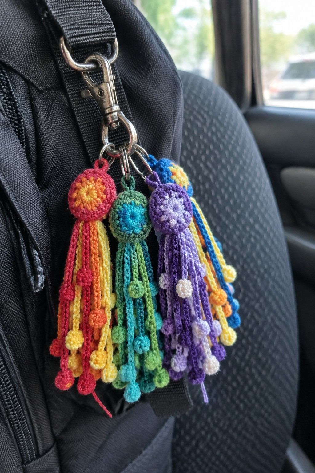 Rainbow crocheted tassel keychains clipped to a black backpack in a car.