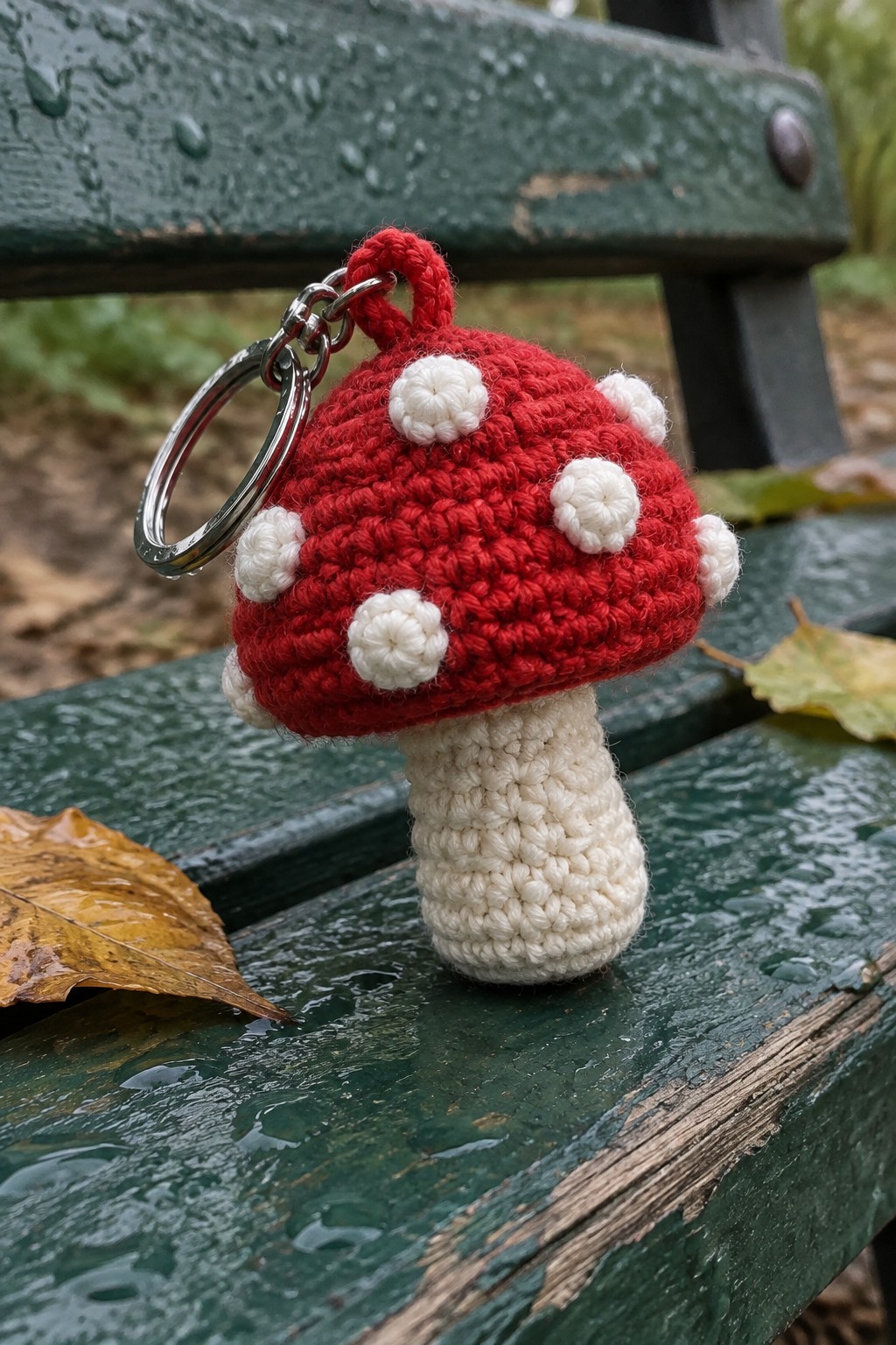 Red crocheted mushroom keychain with white spots on wet green bench