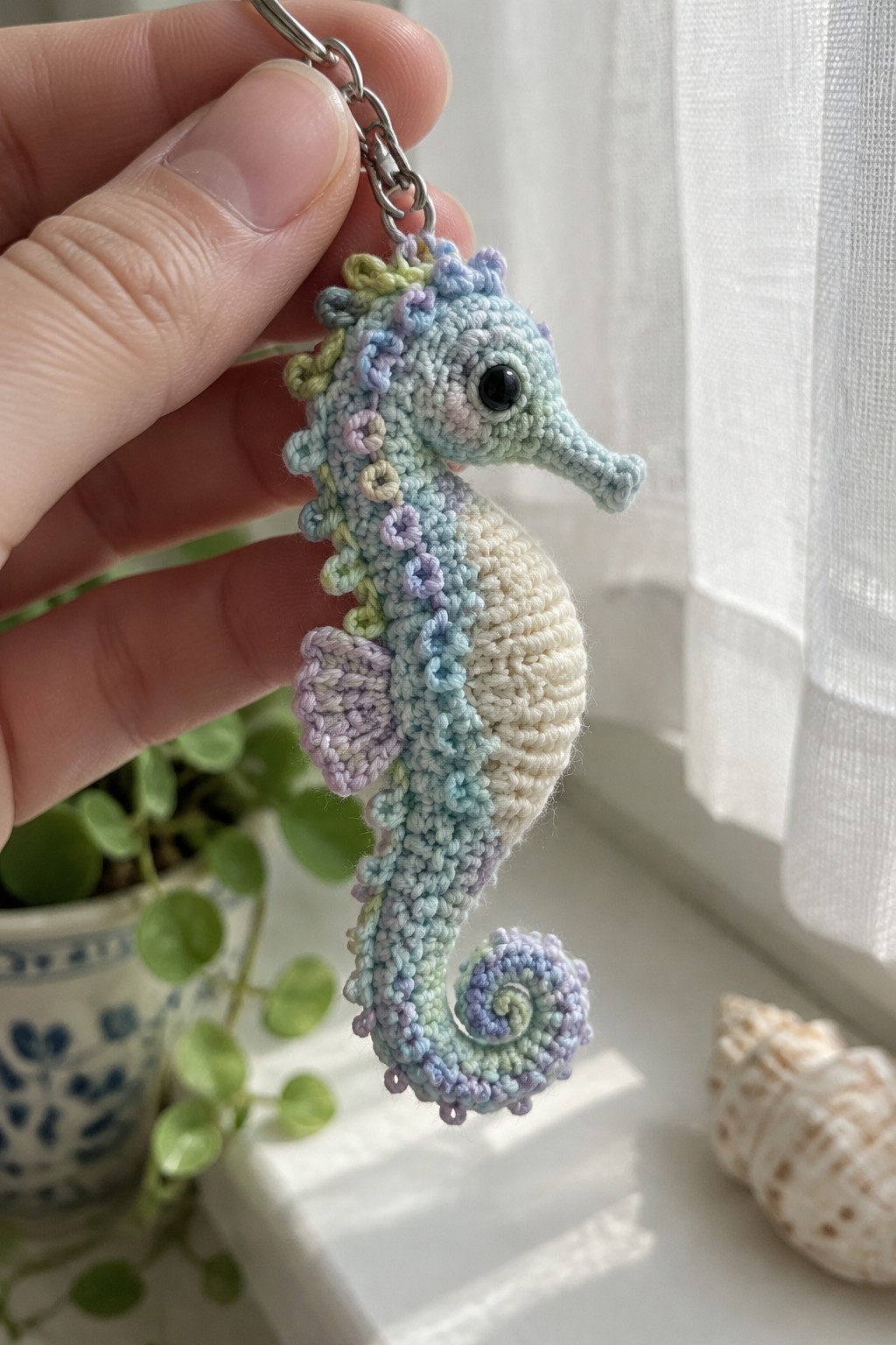 Hand holding pastel crocheted seahorse keychain with curled tail and metal ring.