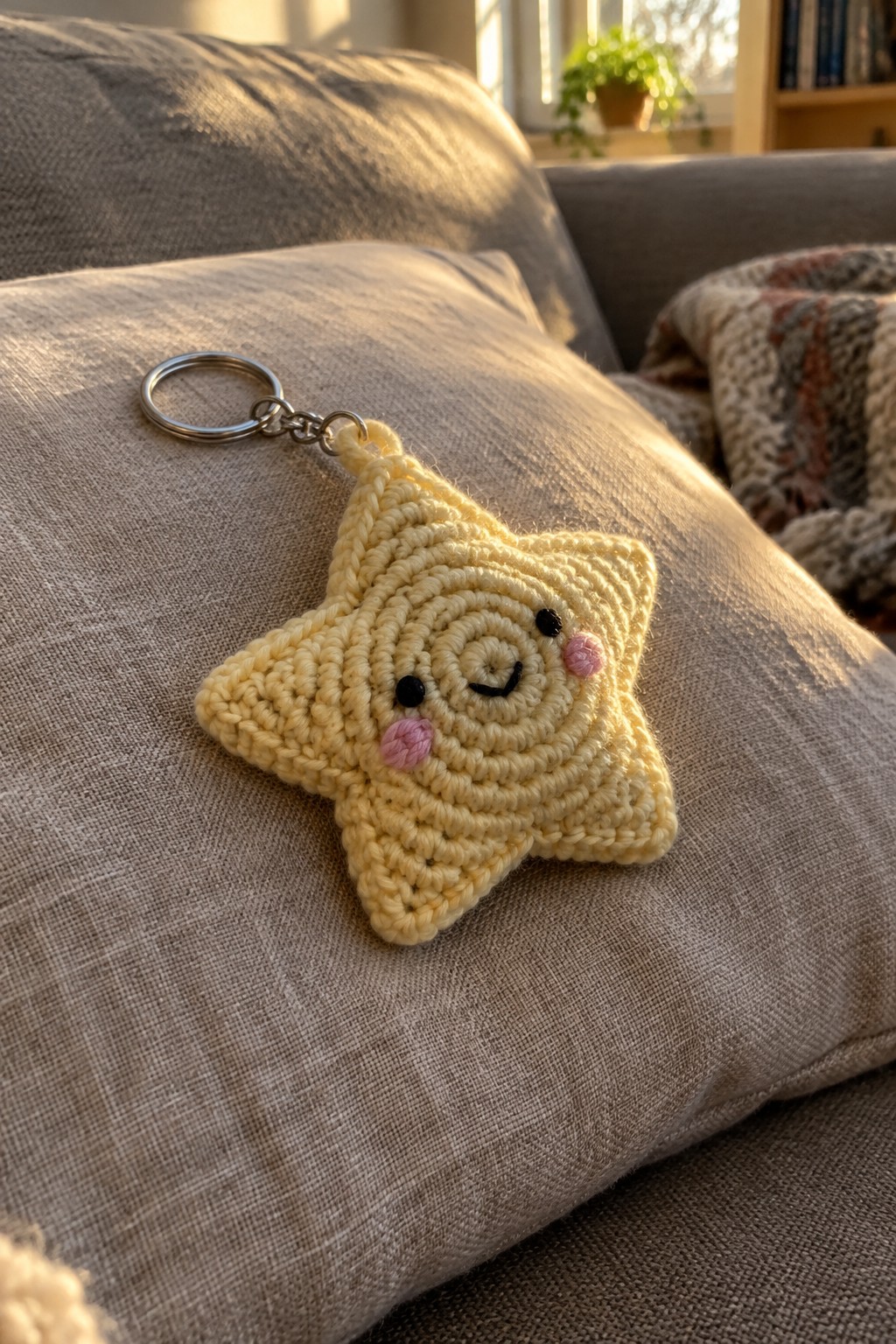 Yellow crocheted star keychain with smiling face on gray couch cushion