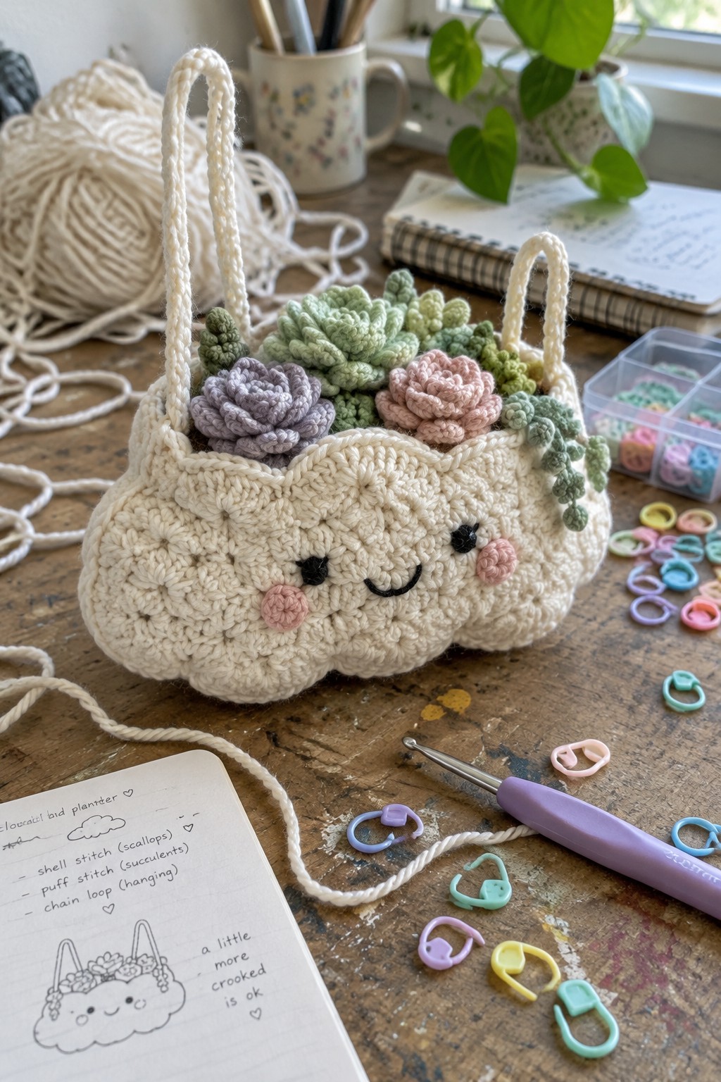 Crocheted cream cloud bag with smiling face holding colorful crocheted succulents on wooden table