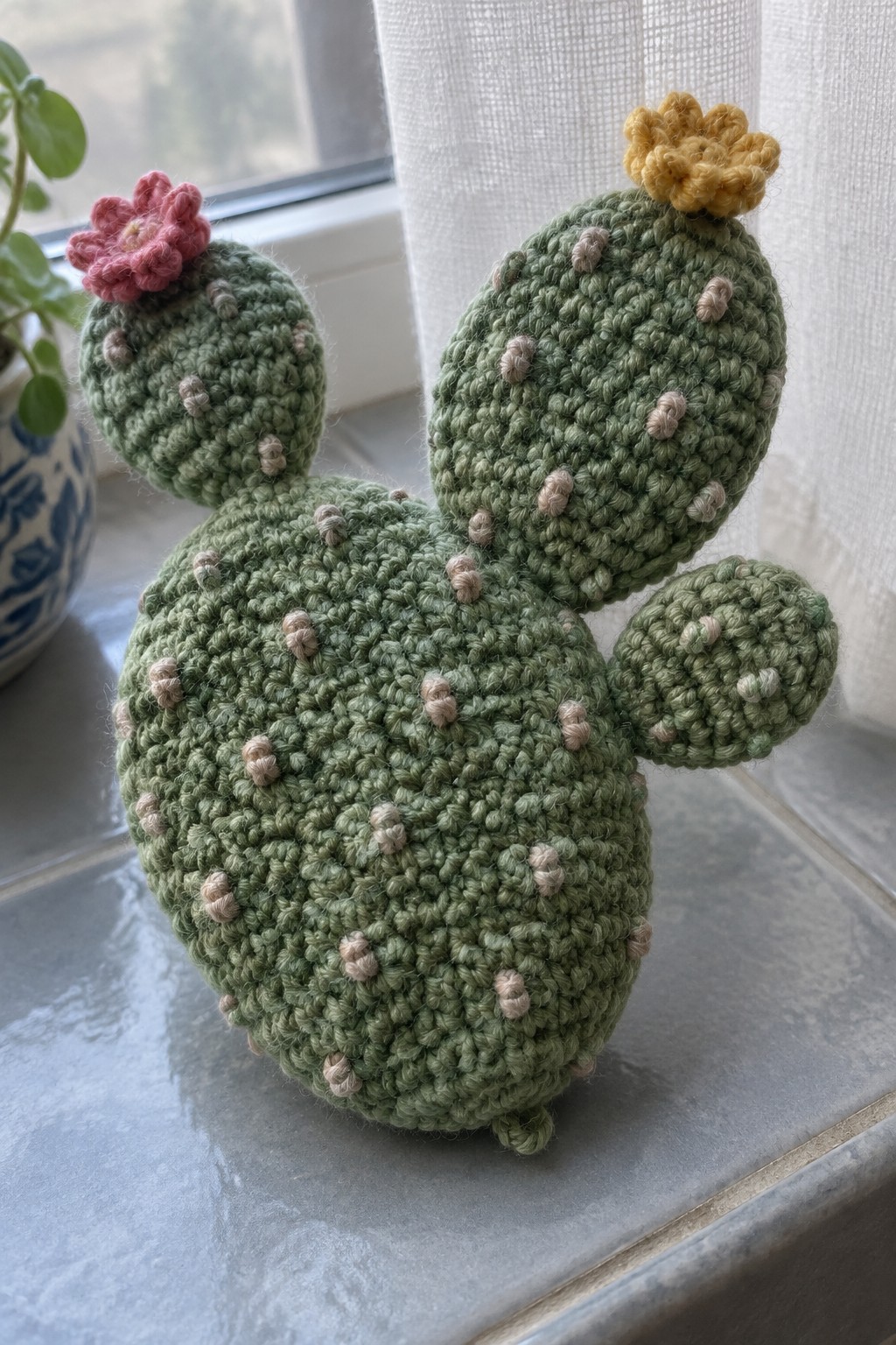 Green crocheted cactus with pink and yellow flowers on a windowsill ledge.