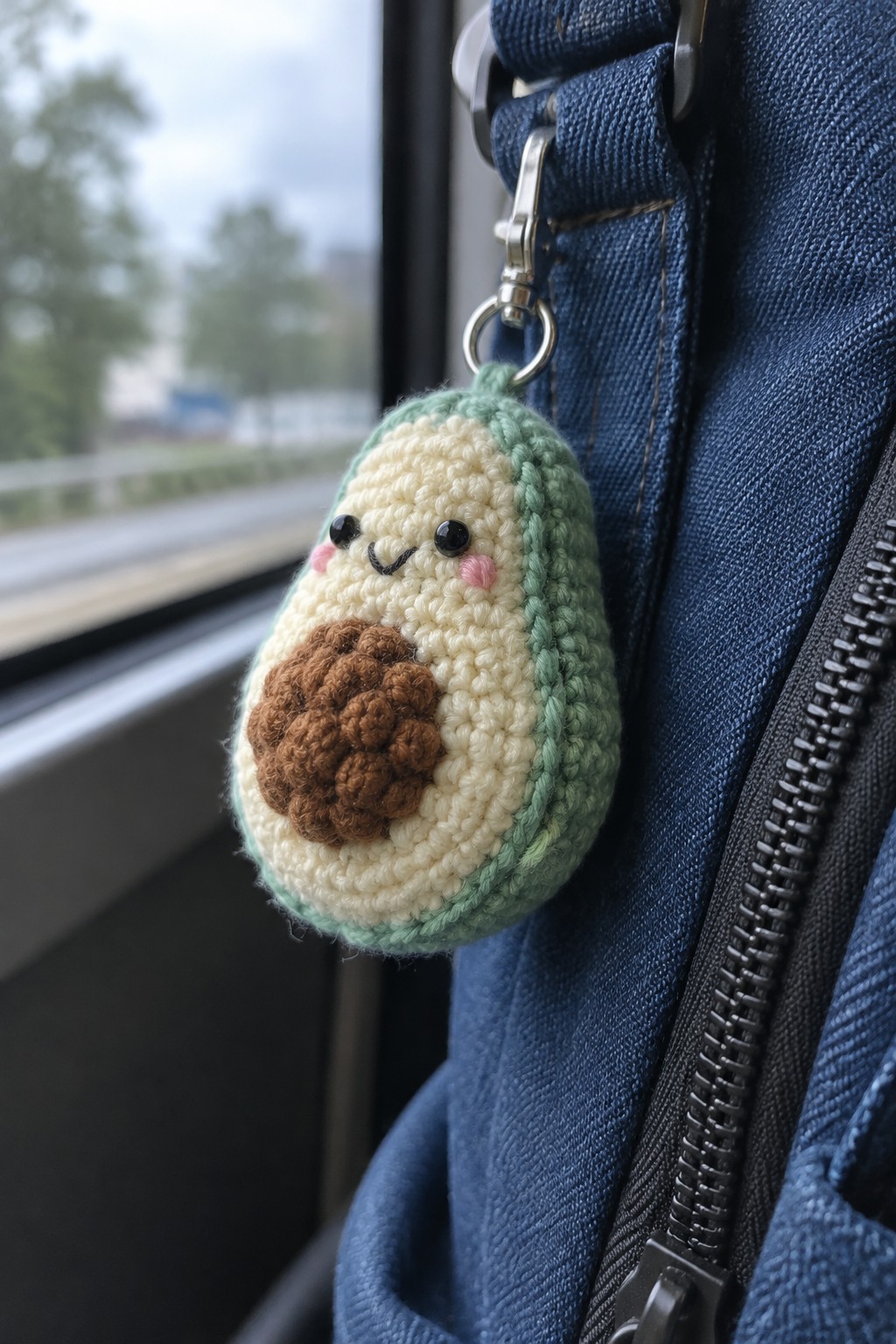 Crocheted avocado keychain with smiling face clipped to blue backpack near window.