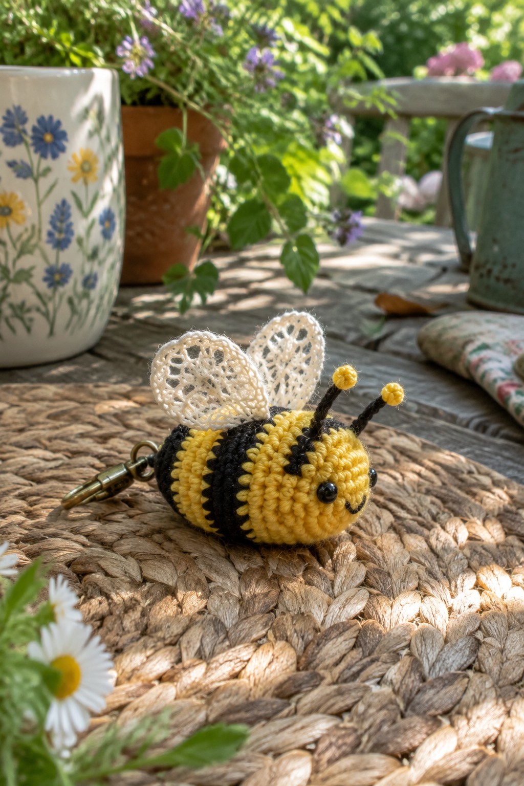 A small crocheted bee with yellow and black stripes, white lace wings, and a metal clasp rests on a woven mat outdoors.