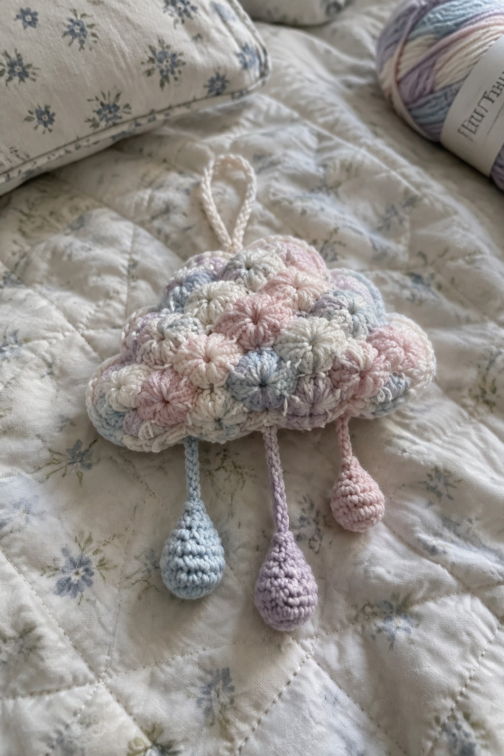 Pastel crocheted cloud with dangling raindrop tassels on floral quilted bedspread