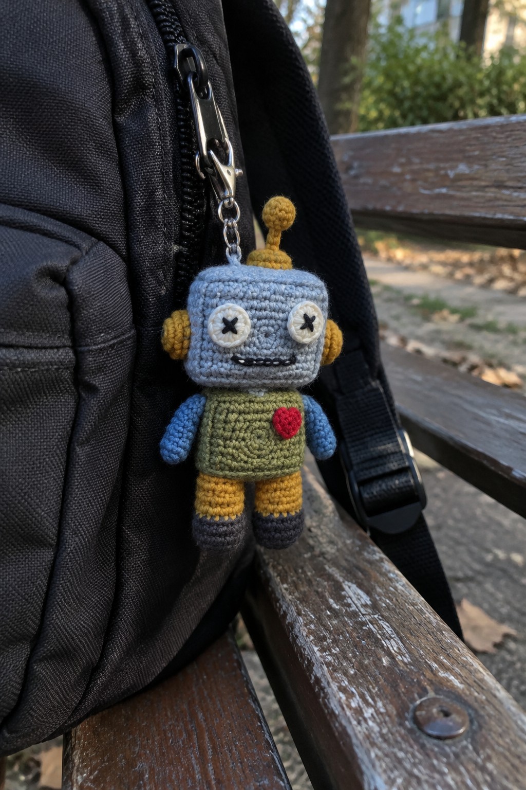 Crocheted blue robot keychain with green body hanging from black backpack on bench