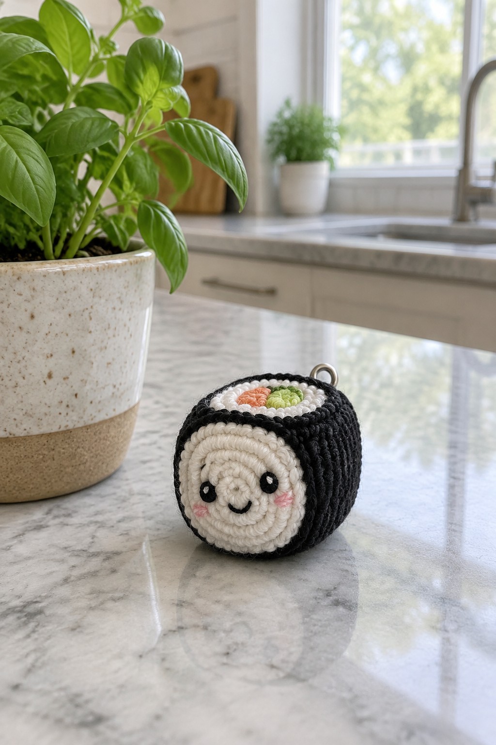 A small crocheted sushi roll with a simple face and metal loop rests on a marble kitchen counter.