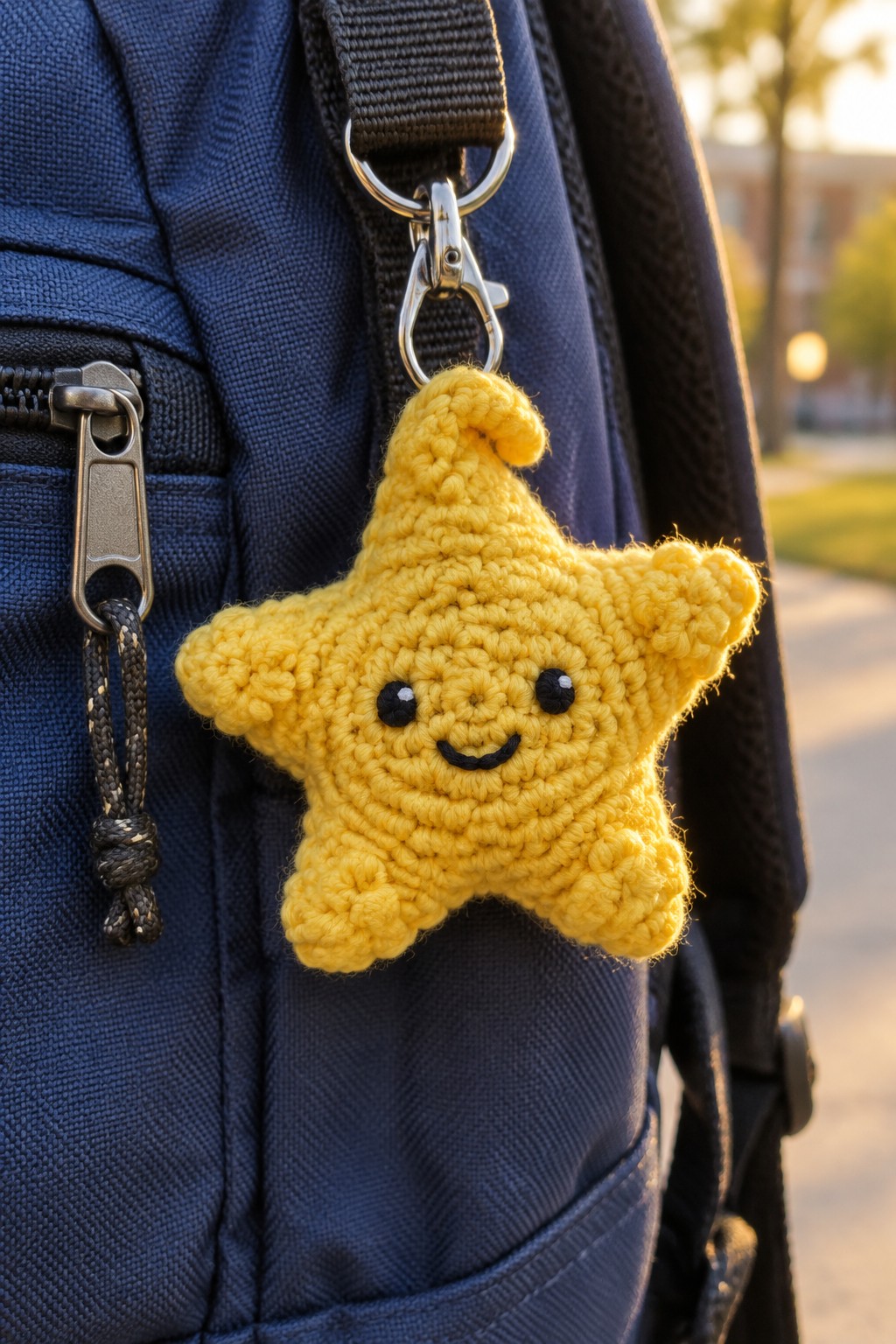 Yellow crocheted star keychain with smiling face clipped to blue backpack.