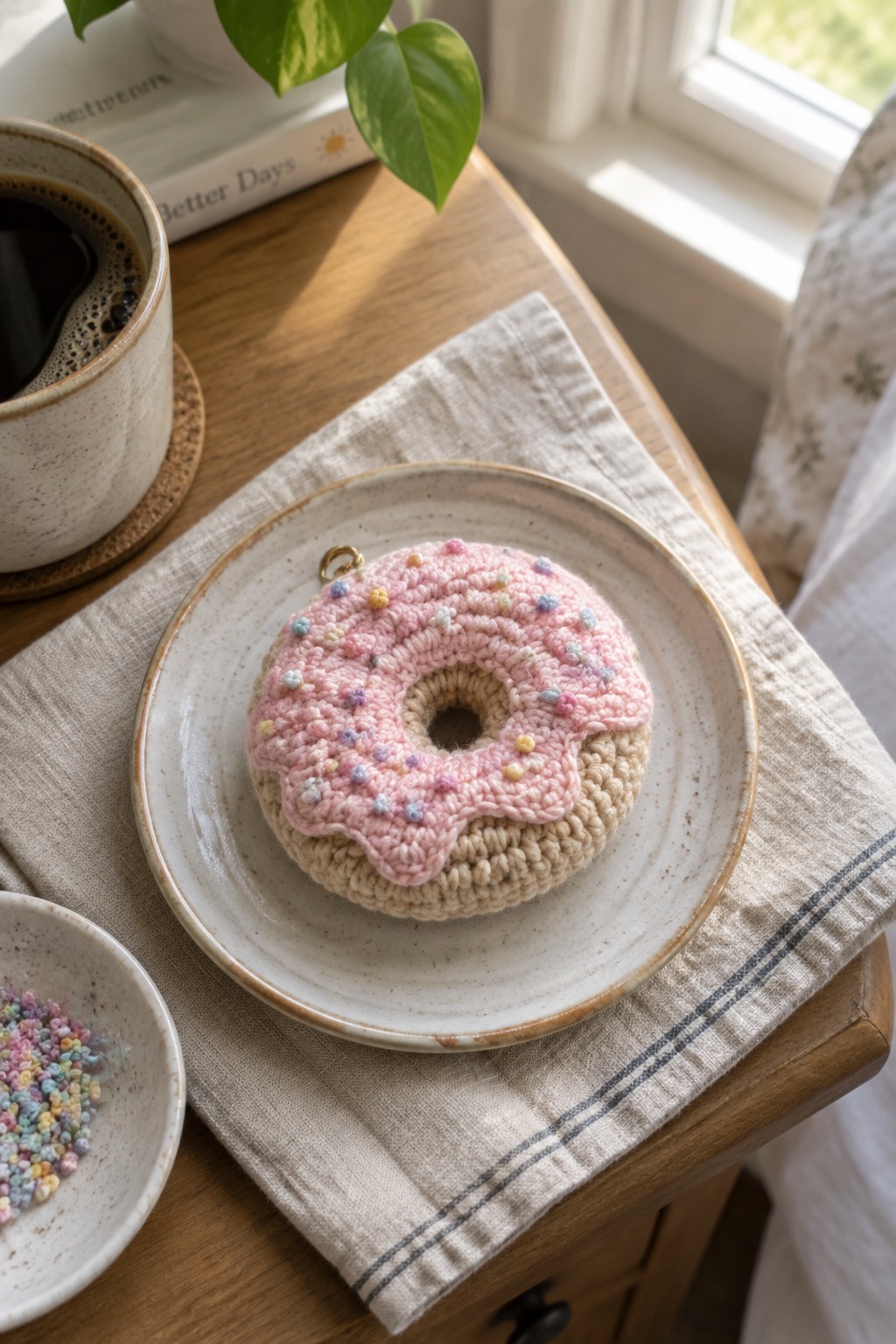 Pink crocheted donut with sprinkles on plate beside coffee cup on wooden table.