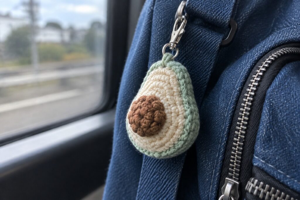 Crocheted avocado keychain with smiling face clipped to blue backpack near window.