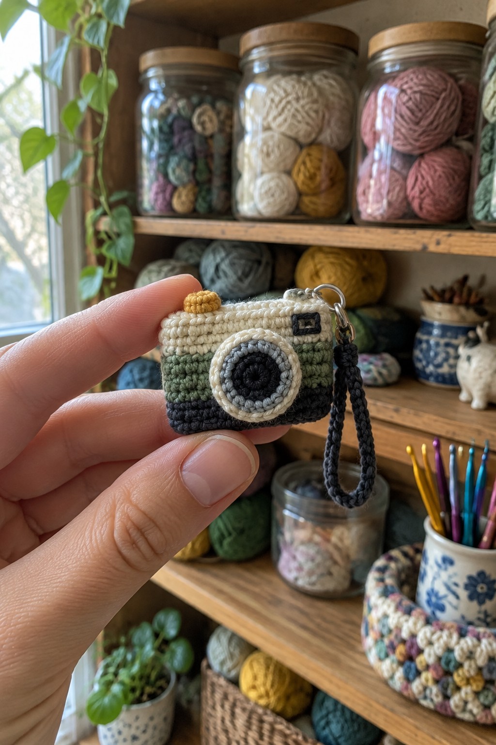 Hand holding crocheted miniature camera keychain before yarn-filled wooden shelves