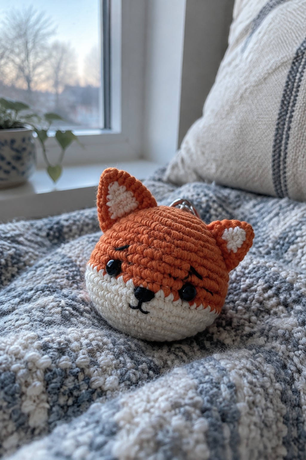 A small crocheted orange fox with white muzzle and ears rests on a gray and white blanket.