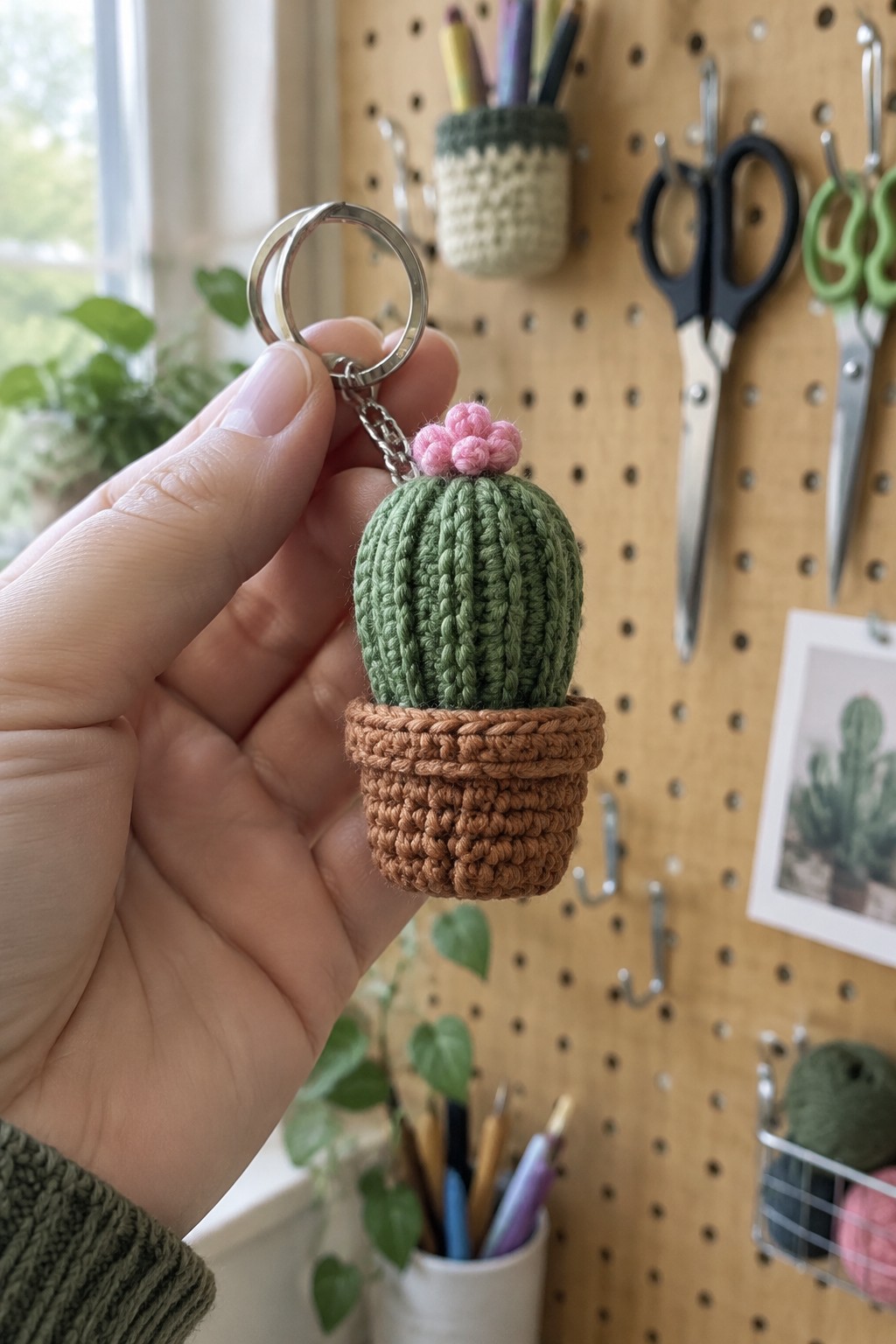 A hand holds a small crocheted green cactus keychain with pink flowers and a brown pot base.