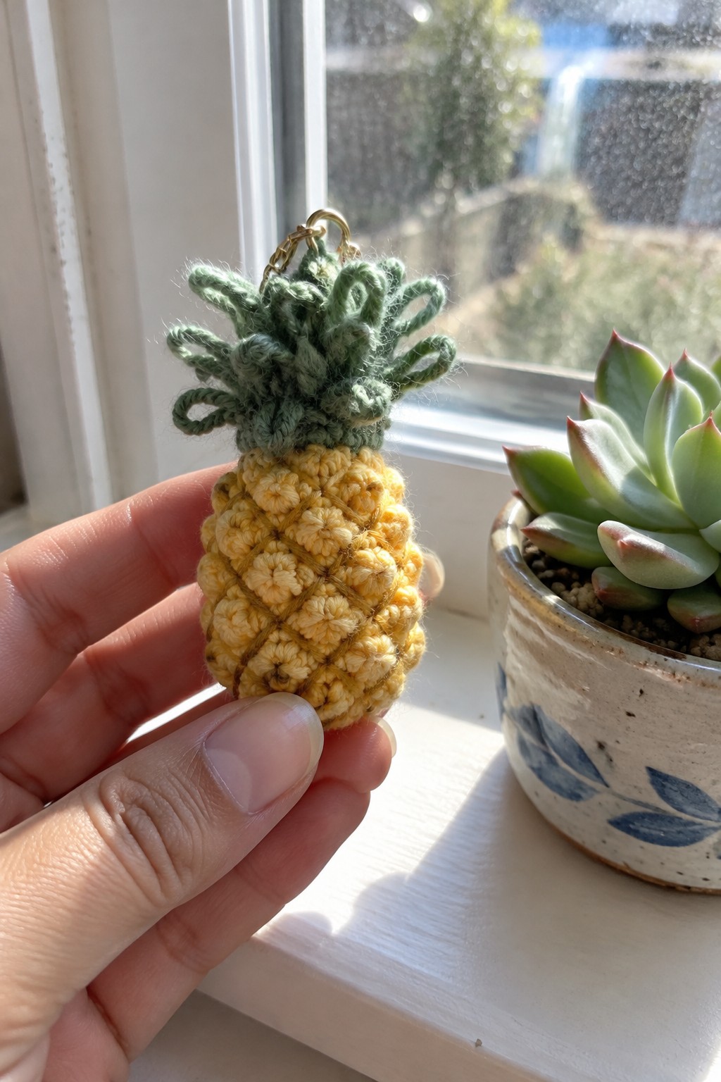 Hand holding yellow crocheted pineapple keychain with green top beside potted succulent