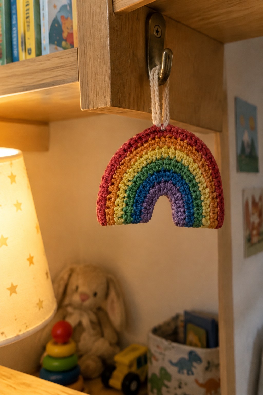 Crocheted rainbow in vibrant stripes hanging from hook on wooden shelf