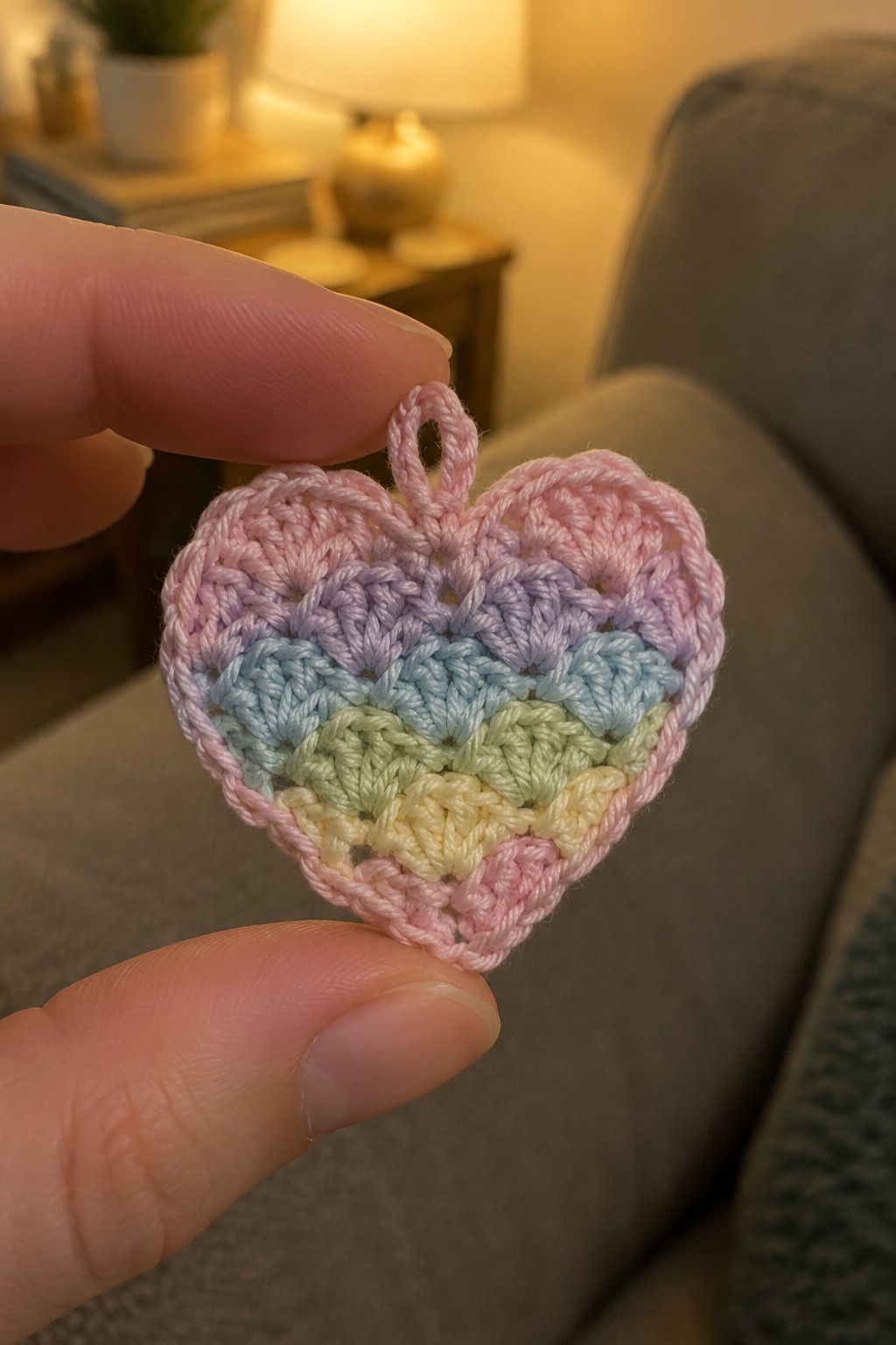 Fingers hold a small pastel rainbow crocheted heart ornament with hanging loop.