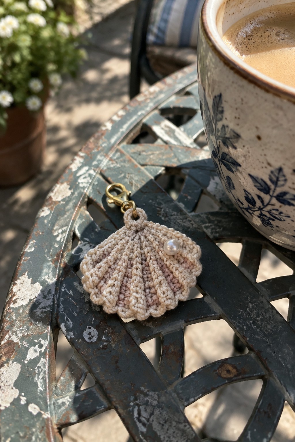 Crocheted seashell keychain with pearl on weathered metal table beside floral coffee mug