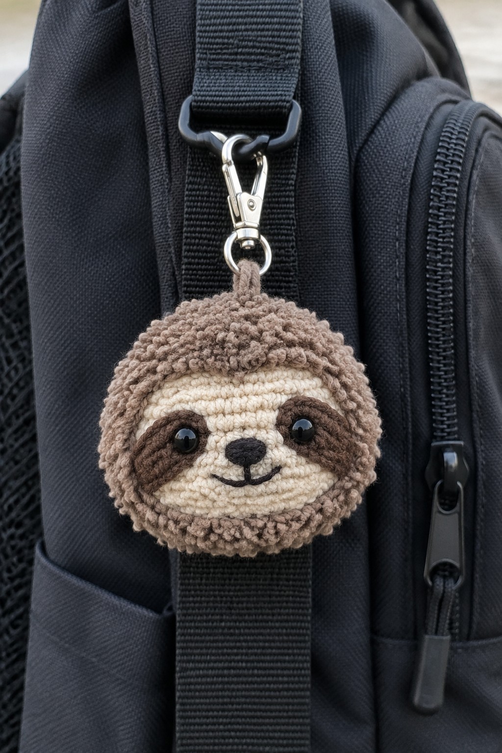 Crocheted sloth keychain clipped to black backpack with metal carabiner.