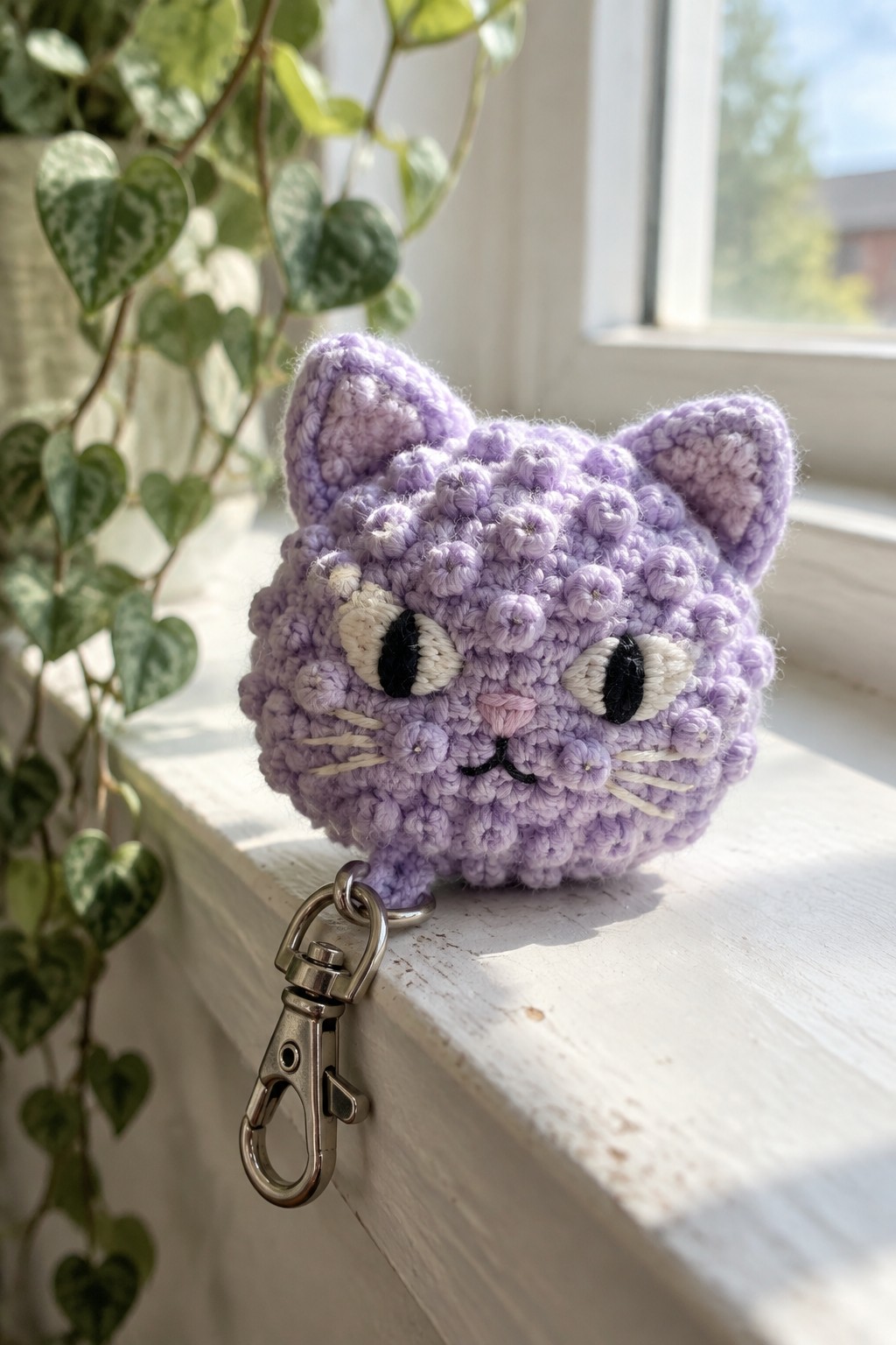 Purple crocheted cat keychain with metal clasp on white windowsill beside green plant