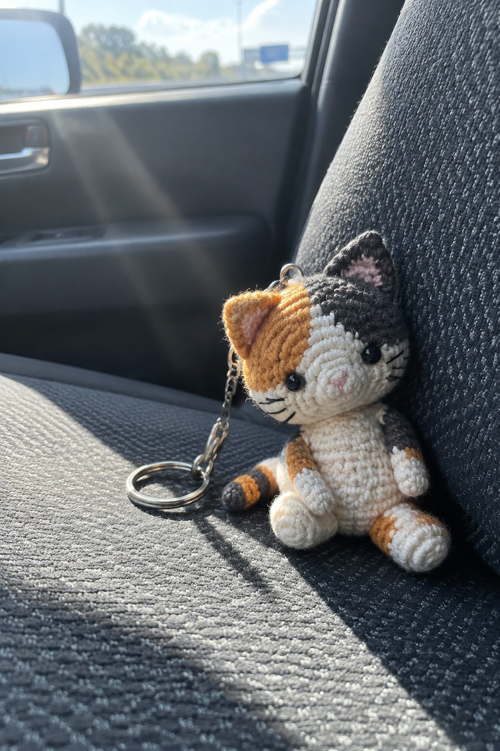Crocheted calico cat keychain resting on sunlit gray car seat