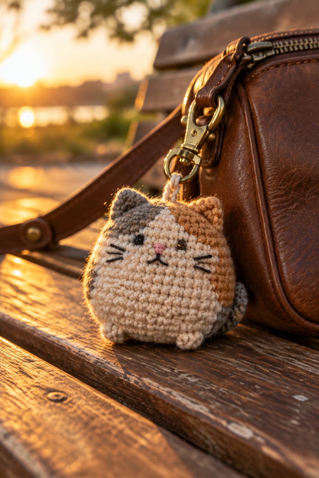 Crocheted calico cat keychain attached to brown leather bag on wooden bench at sunset