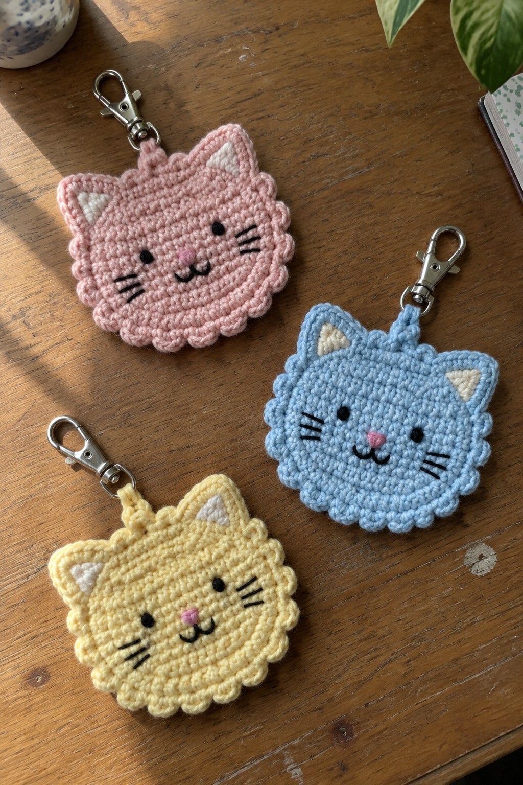 Three colorful crocheted cat keychains in pink, yellow, and blue on wood.