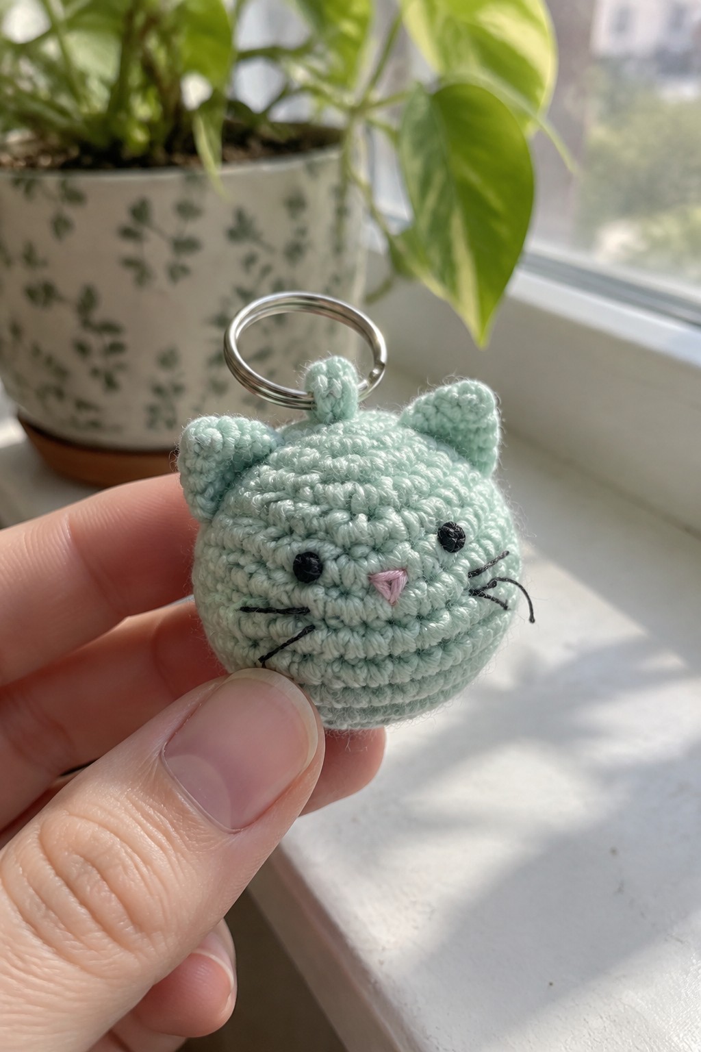 Hand holding mint green crocheted cat keychain with metal ring and embroidered face
