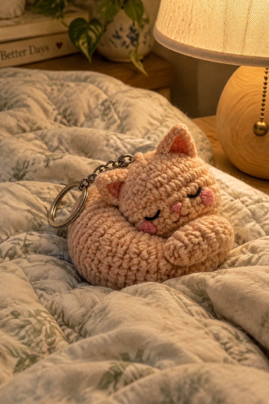 Crocheted peach cat keychain curled asleep on quilted bed beside warm lamp