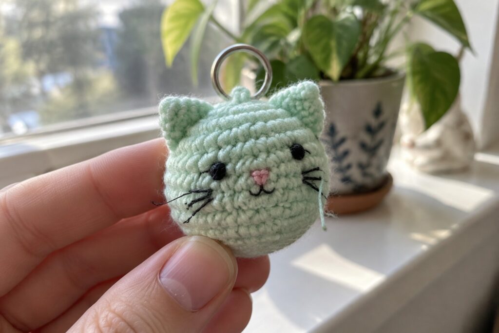 Hand holding mint green crocheted cat keychain with metal ring and embroidered face
