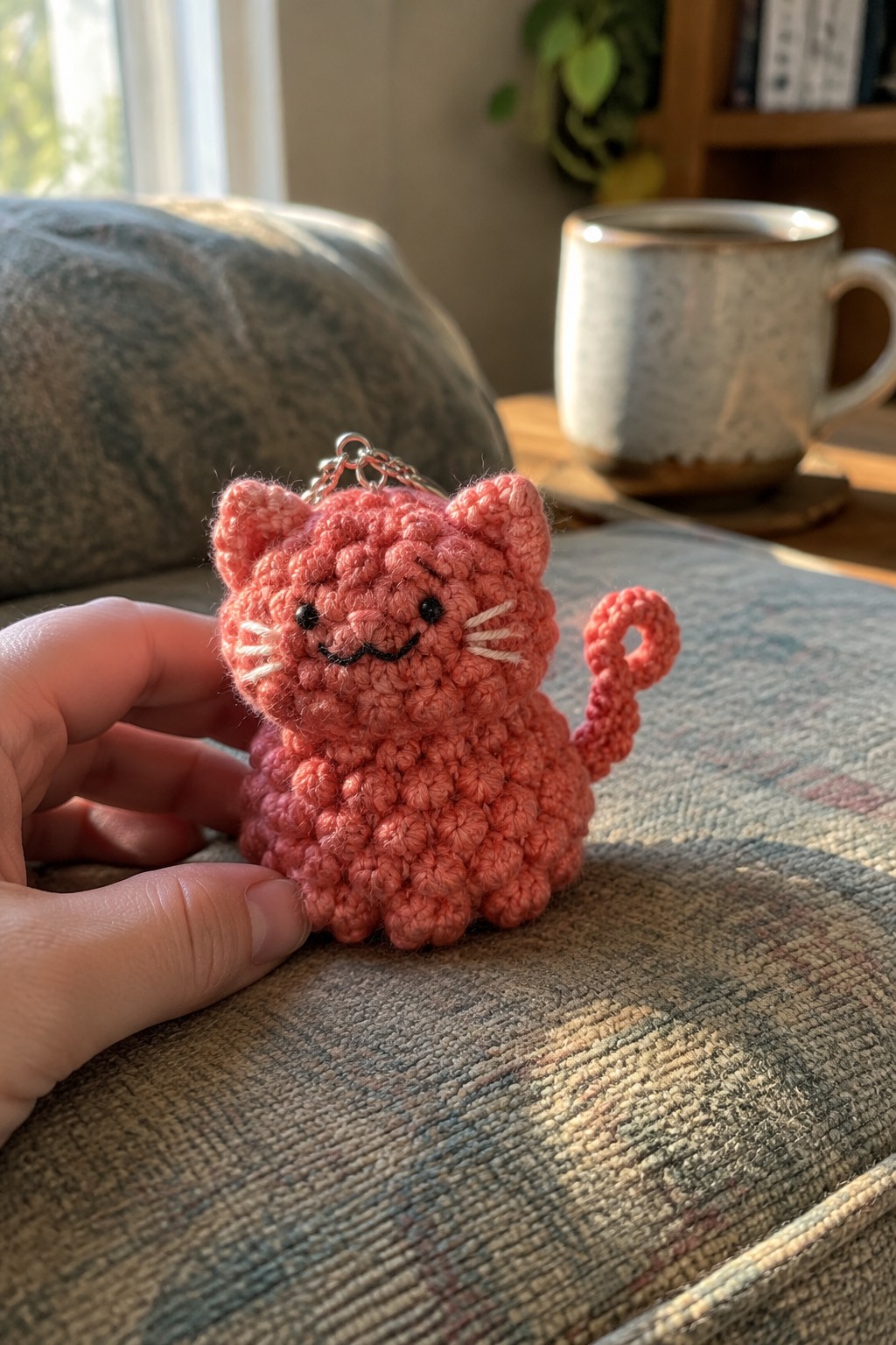 Hand holding pink crocheted cat keychain on plaid fabric near ceramic mug