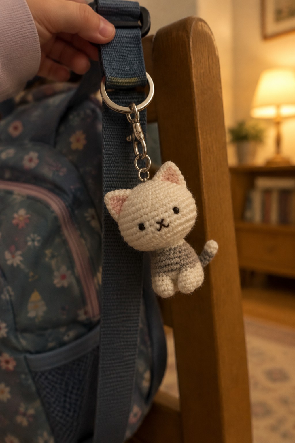 A small crocheted white cat keychain with pink ears hangs from a blue strap attached to a floral backpack.