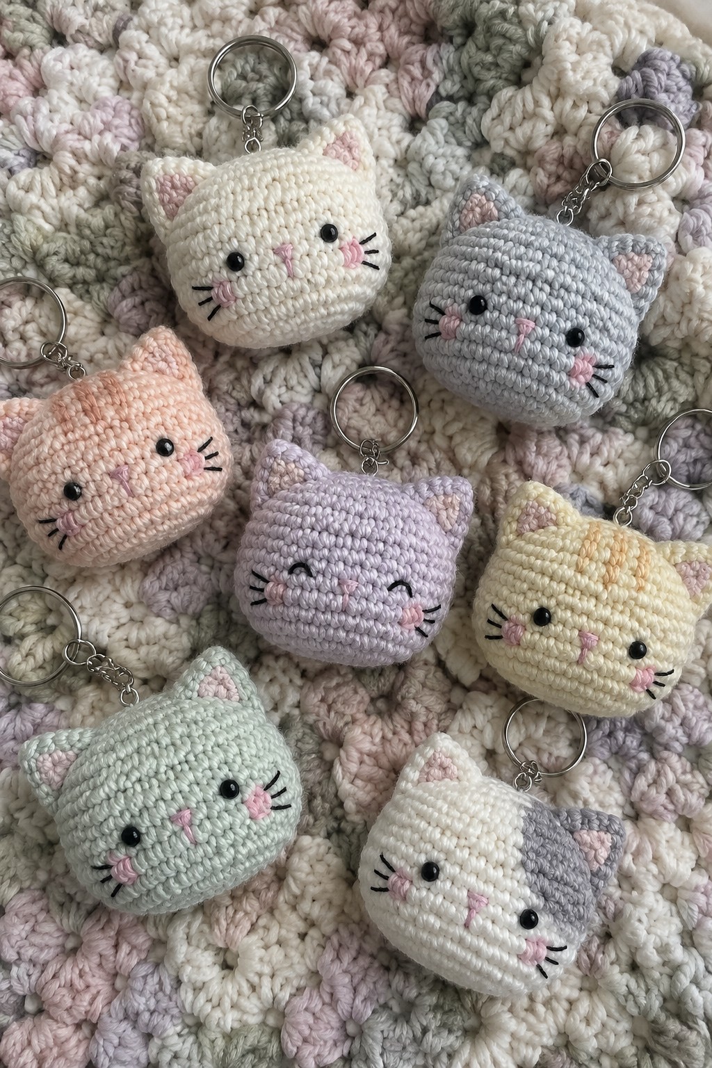 Pastel crocheted cat keychains with metal rings on multicolored knit blanket