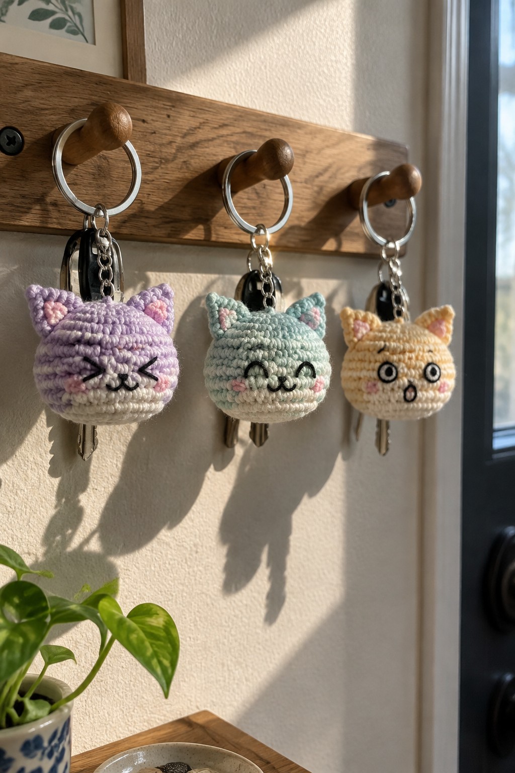 Three colorful crocheted cat keychains hanging on wooden hooks with keys