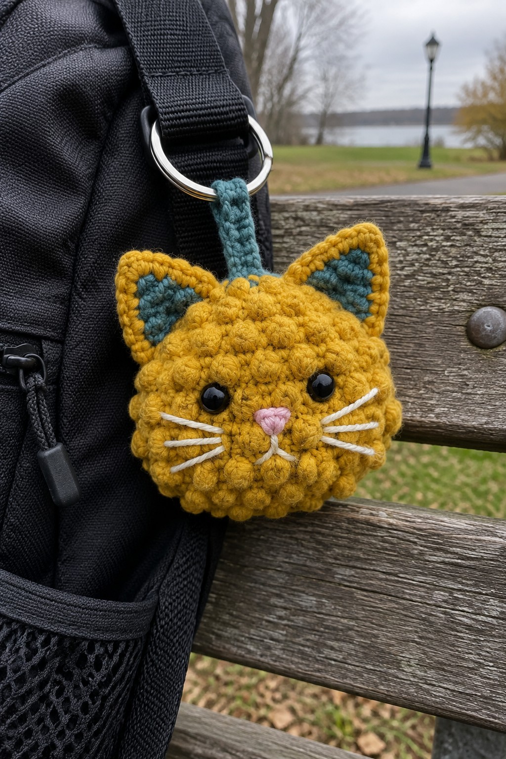 Yellow crocheted cat keychain with teal ears on black backpack by bench