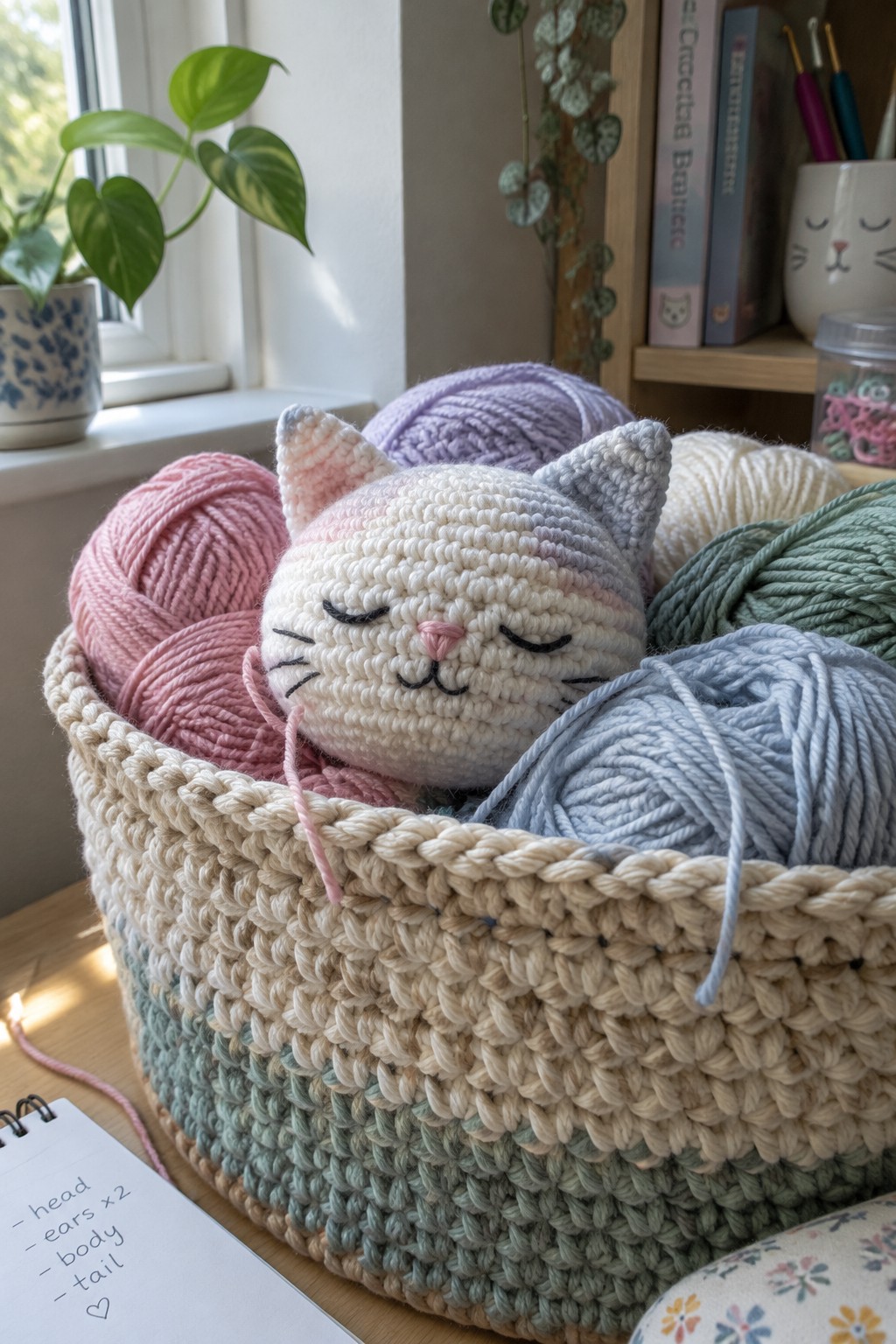 Crocheted cat nestled among colorful yarn balls in a woven basket
