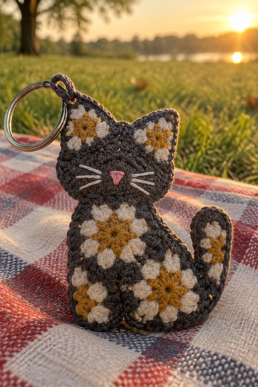 Crocheted gray cat keychain with yellow floral patterns on red checkered picnic blanket