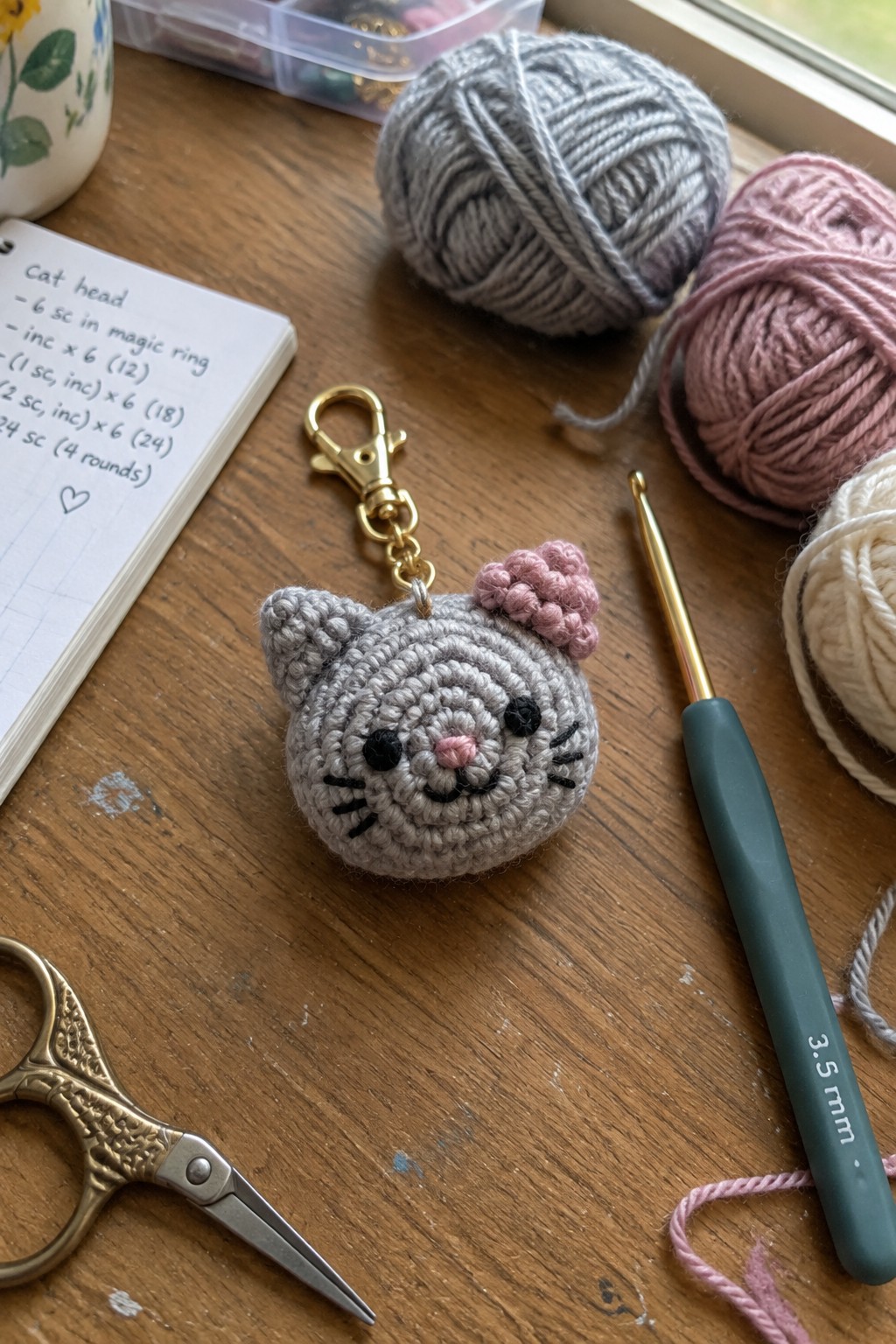 Gray crochet cat keychain with pink ear beside yarn, hook, scissors and pattern notebook