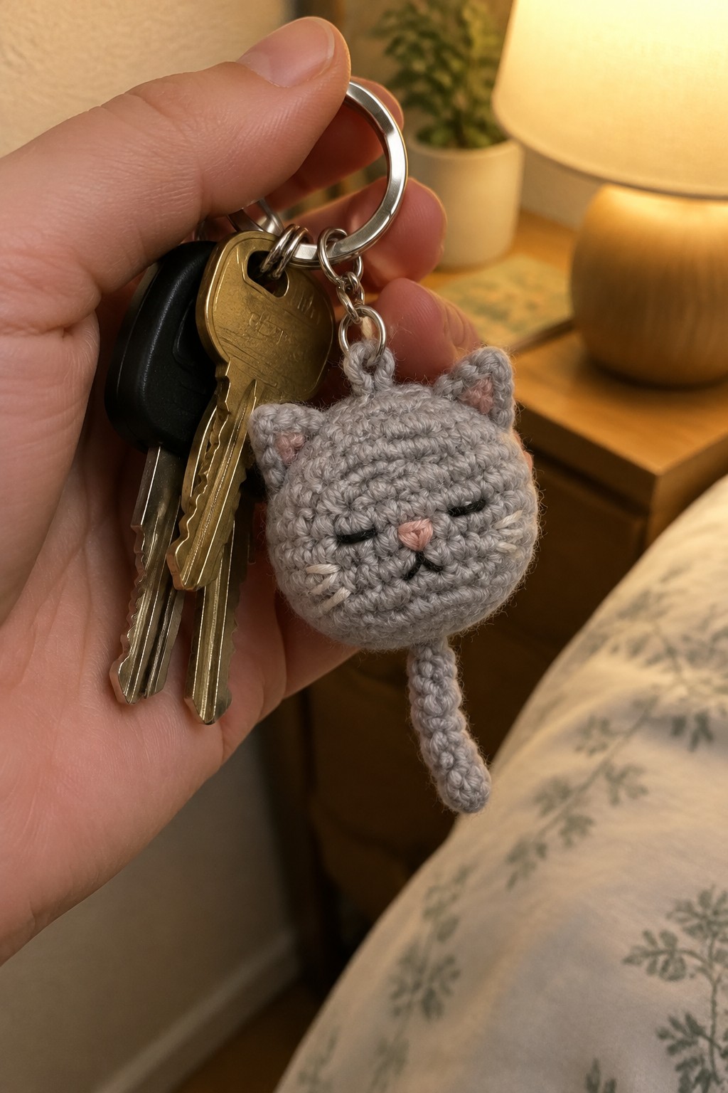 Hand holding keys with crocheted gray cat keychain, pink ears, nose, and tail.