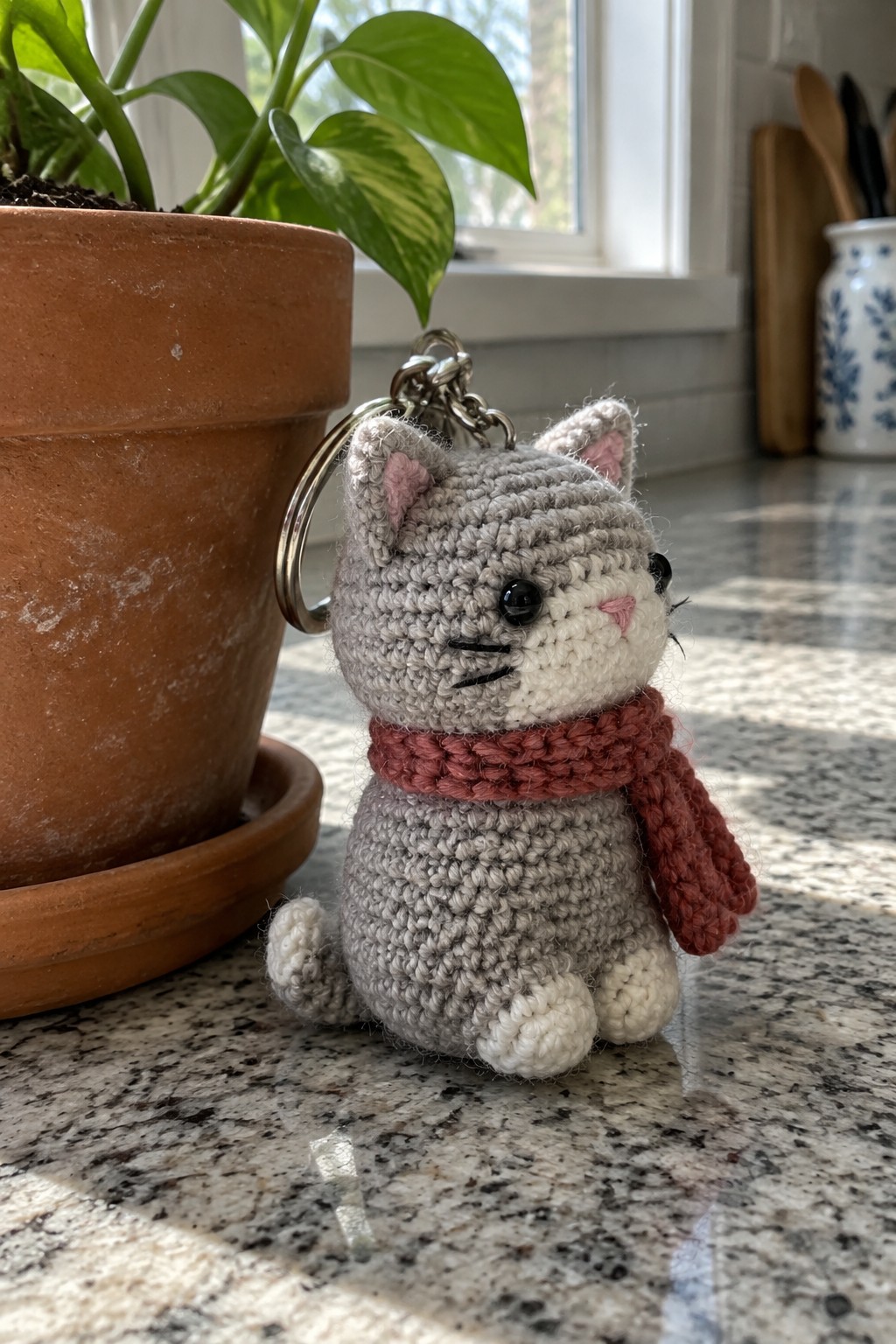 Gray crocheted cat keychain with red scarf on countertop beside terracotta plant pot