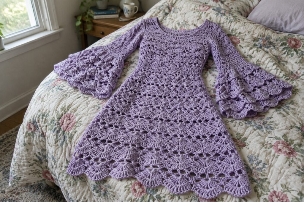 19 Crochet Dresses for Women Over 60 With Distinctive Sleeve Designs Lavender crocheted dress with scalloped bell sleeves on floral quilted bed