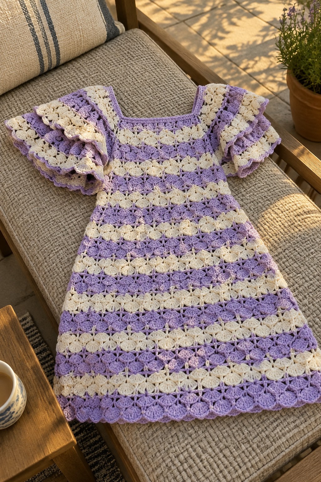 Purple and white striped crocheted dress with ruffled sleeves on wooden bench