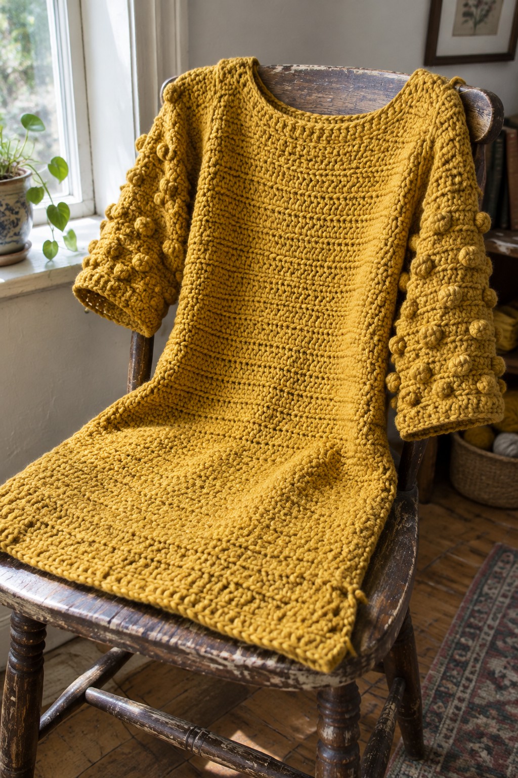 Mustard yellow chunky knit sweater with bobble sleeves on wooden chair
