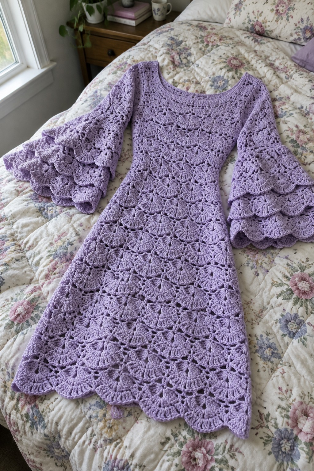 Lavender crocheted dress with scalloped bell sleeves on floral quilted bed
