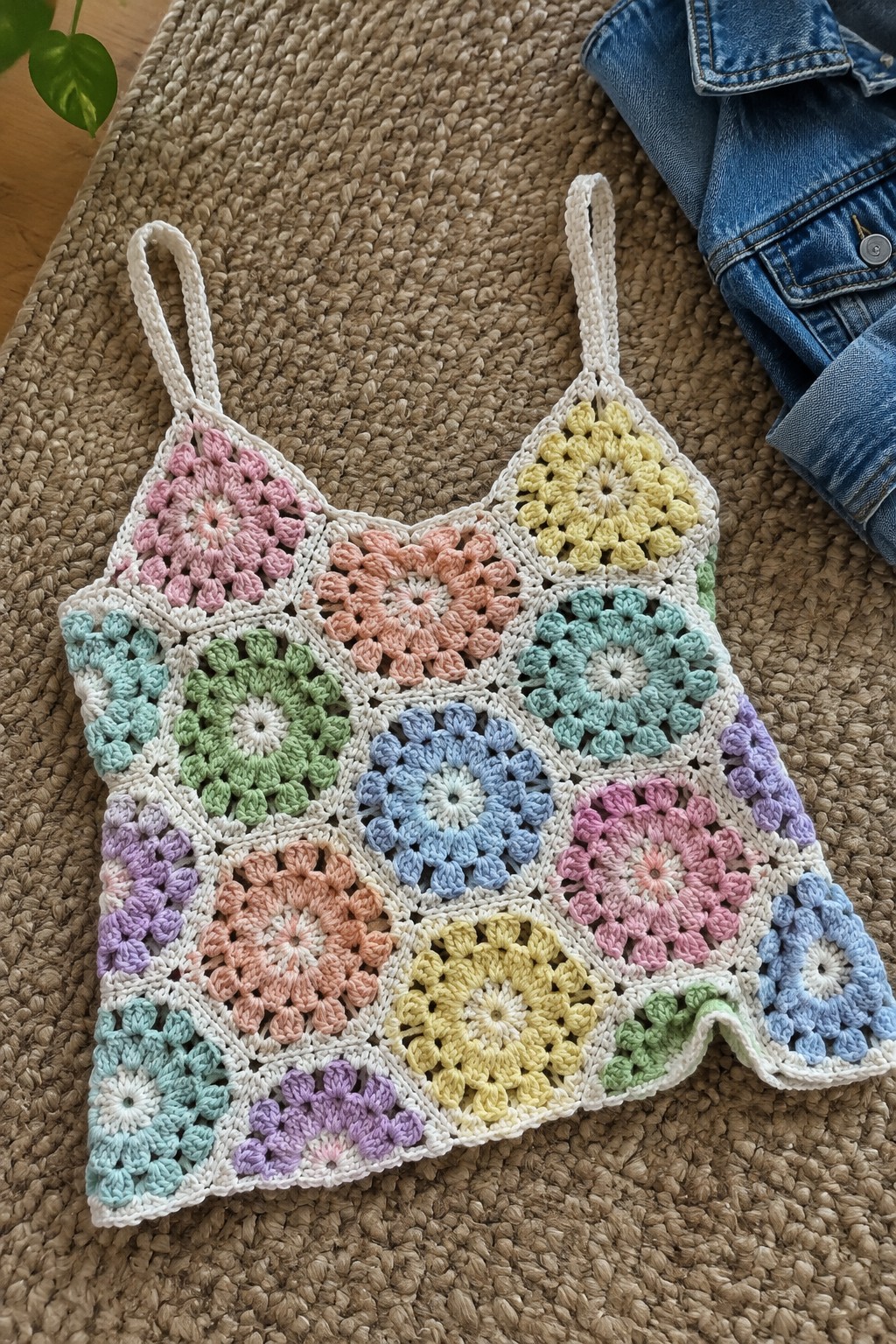 Crochet granny square camisole in pastel floral colors with white borders and straps, laid flat on a woven surface.