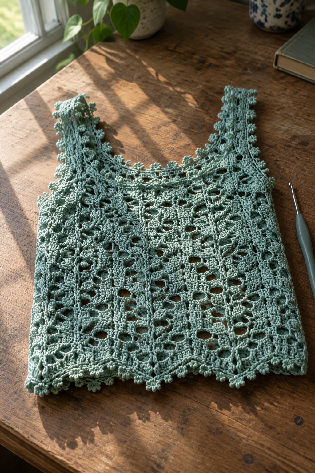 Sage green crocheted lace top on wooden table beside crochet hook