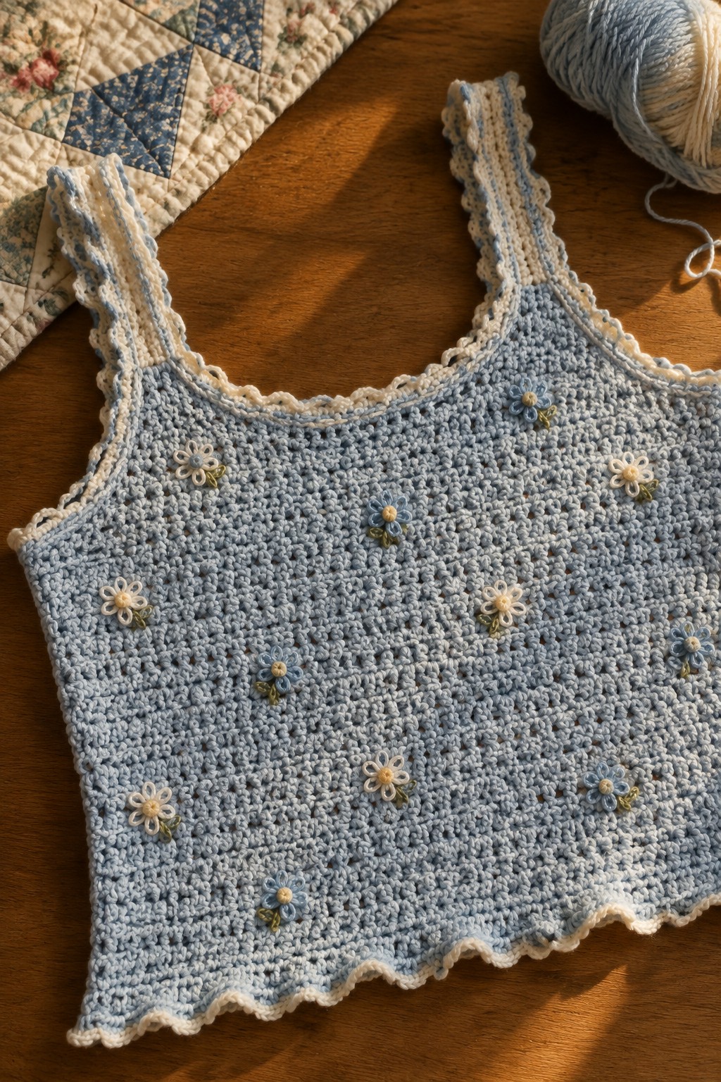 Light blue crocheted tank top with floral embroidery beside yarn on wooden table