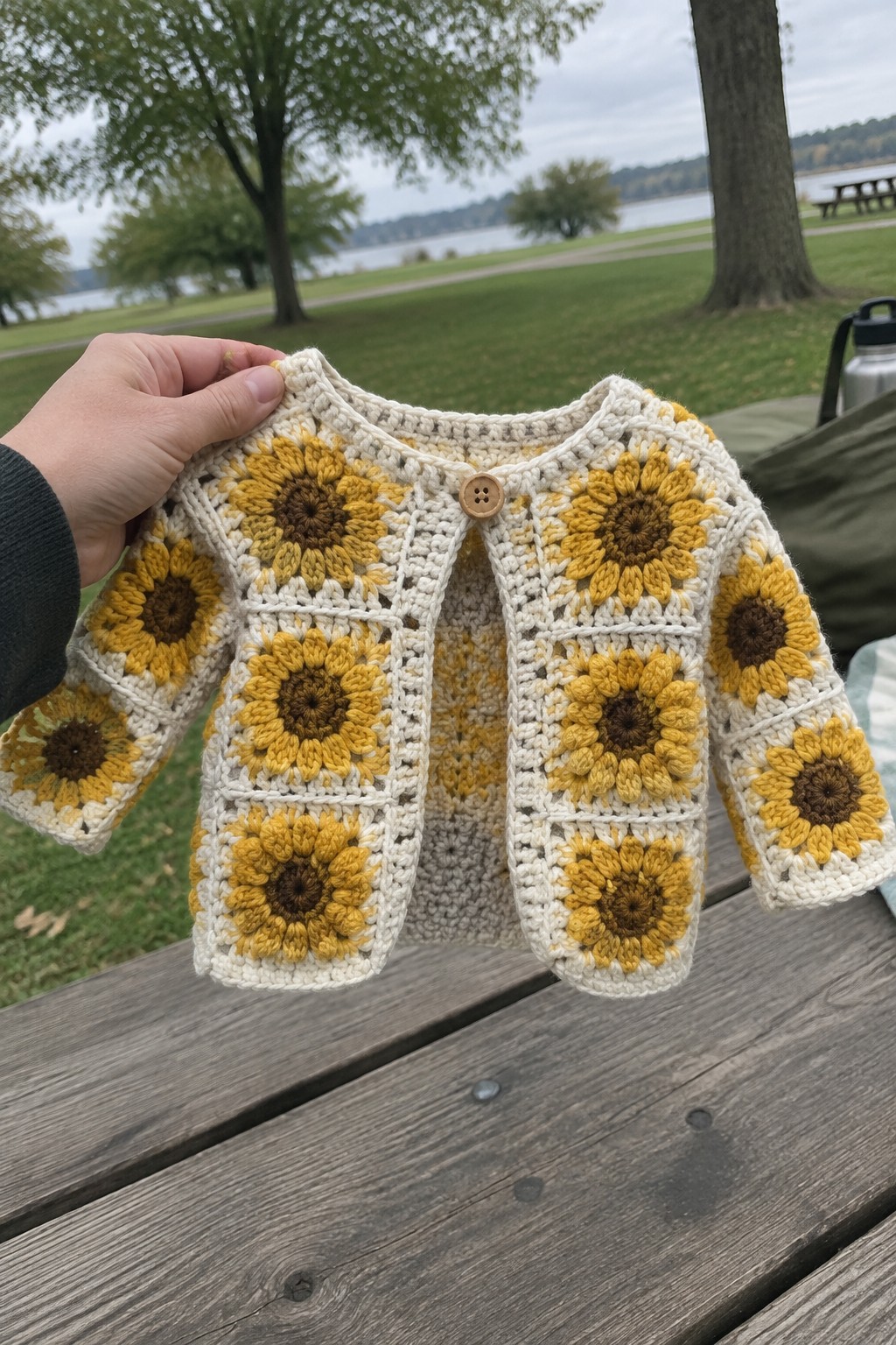 Hand holding yellow sunflower granny square crochet baby cardigan above park picnic table