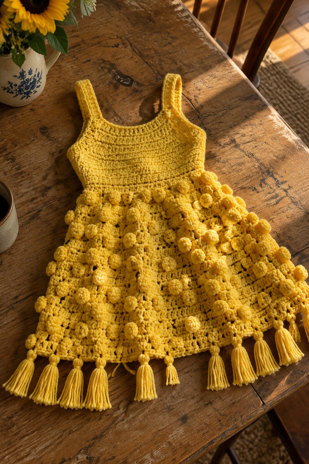 Yellow crocheted dress with bobble skirt and tassels on wooden table beside sunflowers.