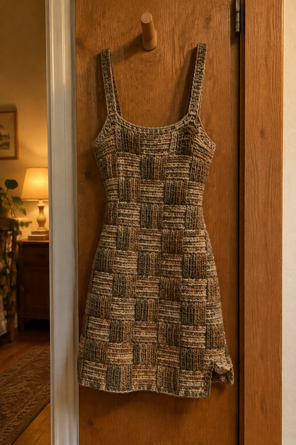 Earthy-toned crocheted checkered dress hanging from wooden peg on door